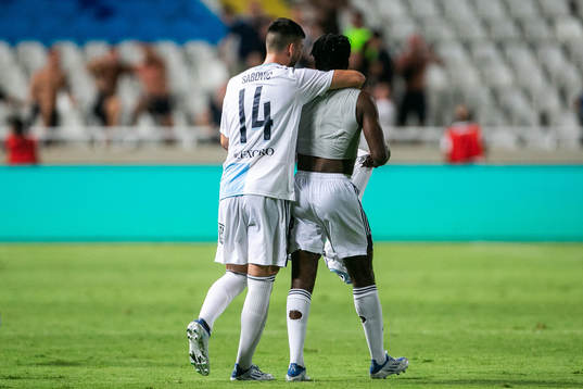 Besard Sabovic and Joel Asoro of Djurgården celebrate