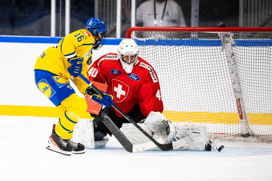 Linnea Johansson of Sweden and goaltender Alexandra Lehmann