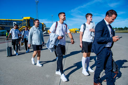 Matej Chalus and goalkeeper Viktor Andersson of Malmö FF