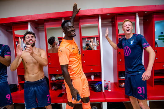 Erdal Rakip, goalkeeper Ismael Diawara and Hugo Larsson