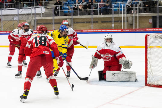 Celine Tedenby of Sweden and goaltender Cassandra