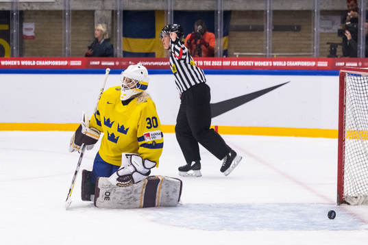 Goaltender Emma Söderberg of Sweden looks dejected
