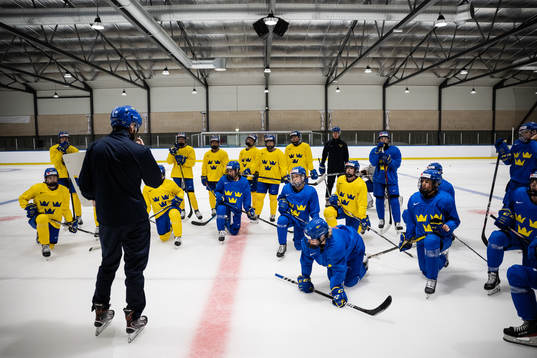 Ulf Lundberg, head coach with players of Sweden at a