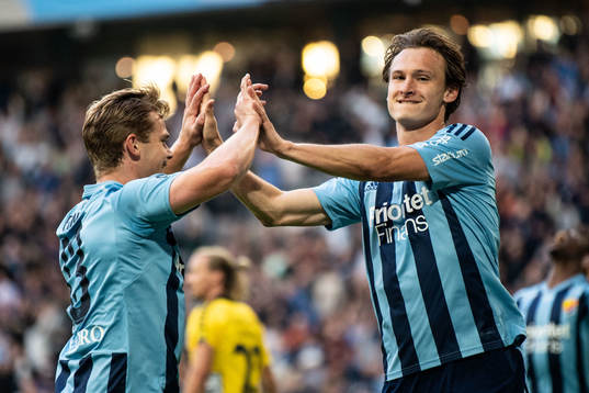 Djurgårdens Hampus Finndell och Hjalmar Ekdal jublar