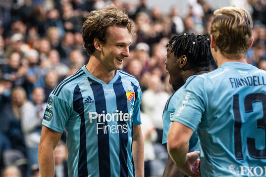 Djurgårdens Hjalmar Ekdal och Joel Asoro jublar