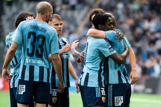 Djurgårdens Joel Asoro och Hampus Finndell jublar