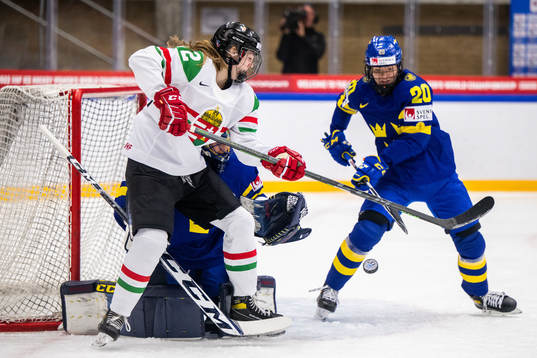 Lara Strobl of Hungary against goaltender Ida Boman and