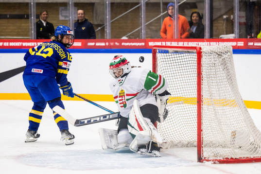 Maja Nylén-Persson of Sweden and goaltender Aniko Nemeth