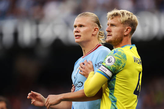 Erling Braut Haaland of Manchester City and Joe Worrall of