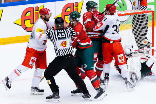 Radek Smolenak and Jakub Lev of Mountfield and Petteri
