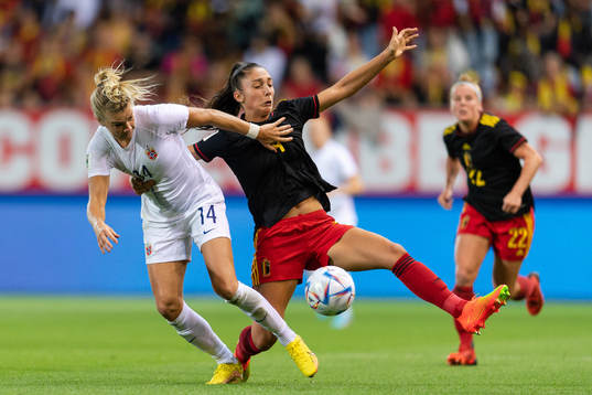 Ada Hegerberg of Norway and Sterre Gielen of Belgium