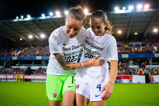 Goalkeeper Rugile Maria Rulyte and Tuva Hansen of Norway