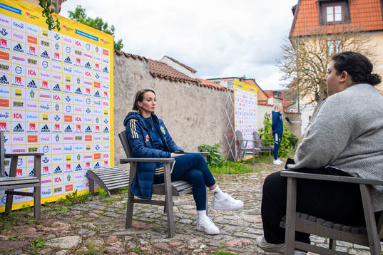Kosovare Asllani is interviewed by the media