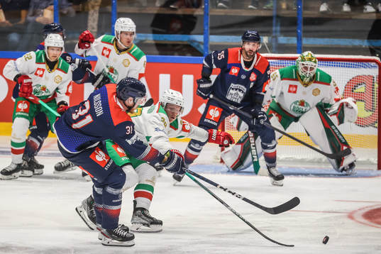 Henrik Nilsson of Fehervar and Anton Bengtsson of Rögle