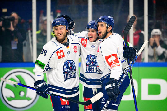 Travis St. Denis of Straubing Tigers celebrates
