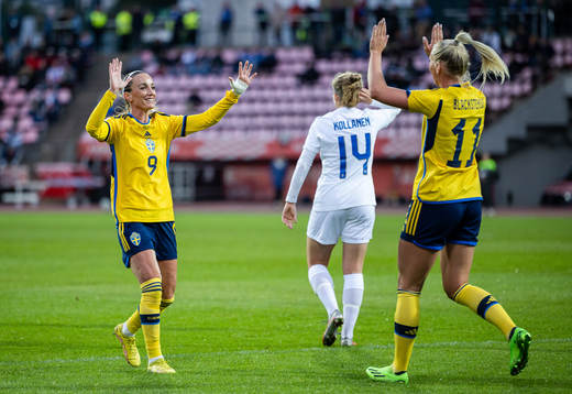 Kosovare Asllani and Stina Blackstenius of Sweden celebrate