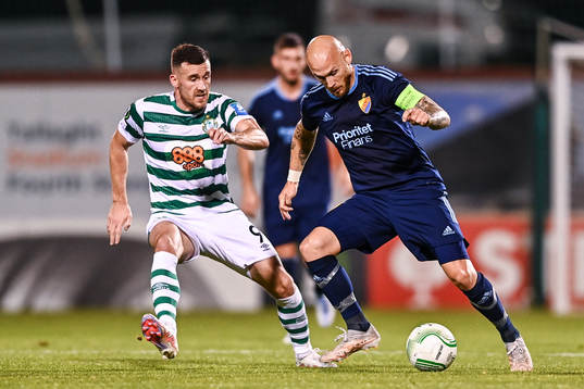 Aaron Greene of Shamrock Rovers and Magnus Eriksson of