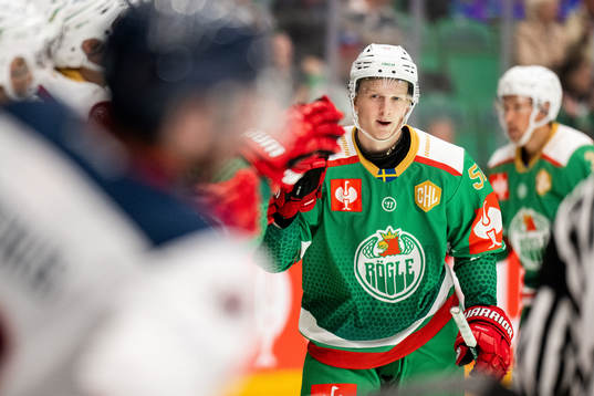 Adam Engström of Rögle celebrates his 5-1 goal