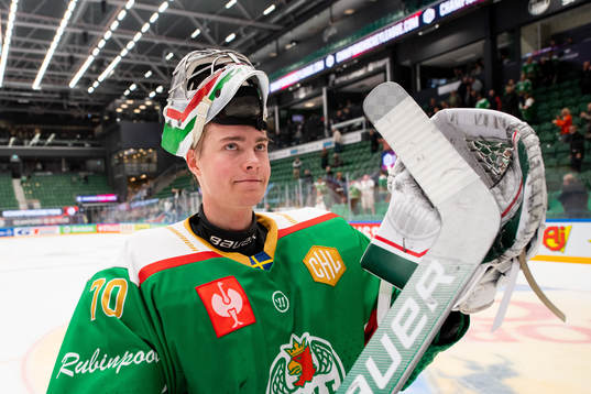 Goalkeeper Calle Clang of Rögle celebrates