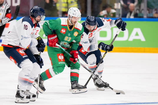 Riley Sheen of Rögle and Balint Magosi of Fehervar