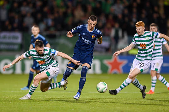 Andrew Lyons and Rory Gaffney of Shamrock Rovers against