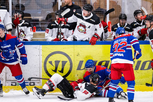 Malmö Redhawks Emil Sylvegård i båset i samband med en