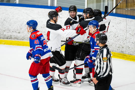 Malmö Redhawks Pathrik Westerholm jublar med lagkamrater
