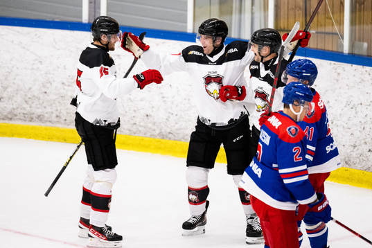 Malmö Redhawks Pathrik Westerholm jublar med lagkamrater