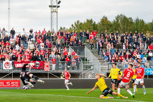Degerfors Diego Campos oroar framför Mjällbys målvakt
