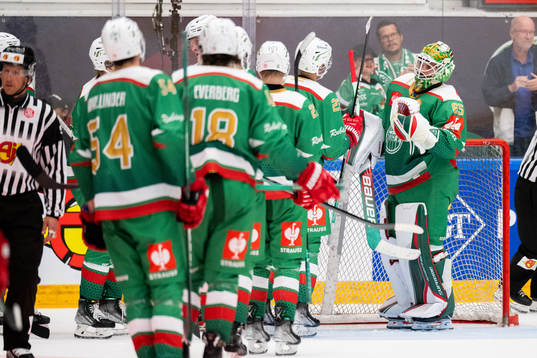 Goalkeeper Christoffer Rifalk of Rögle celebrate with