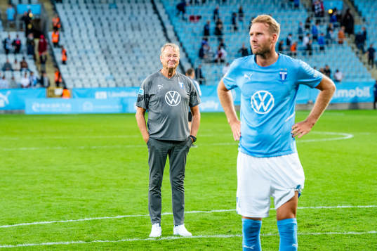 Malmö FFs tränare Åge Hareide och Ola Toivonen