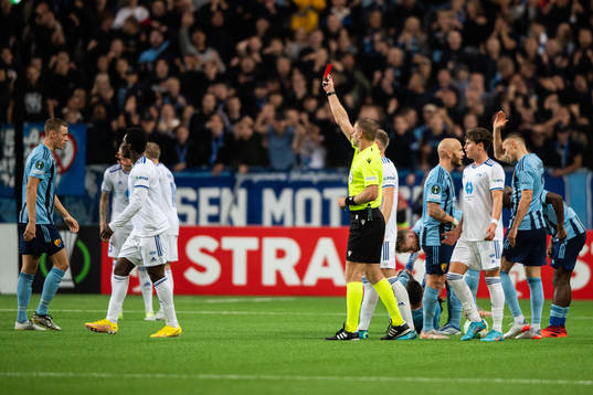 David Fofana of Molde is shown a red card