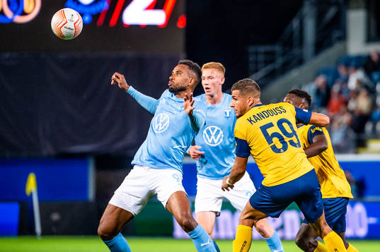 Isaac Kiese Thelin and Hugo Larsson of Malmö FF and