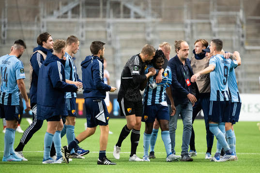 Players of Djurgården celebrate with Joel Asoro