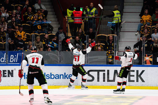 Malmö Redhawks Emil Sylvegård, Markus Lauridsen och Johan