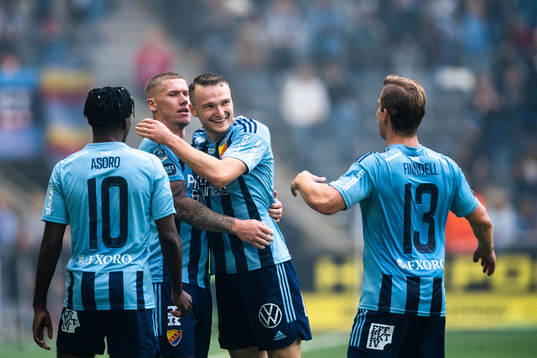 Djurgårdens Victor Edvardsen jublar med Piotr Johansson,