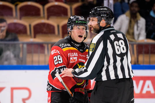 Luleås Erik Gustafsson i en diskussion med domaren