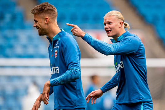 Kristoffer Ajer and Erling Braut Haaland of the Norwegian