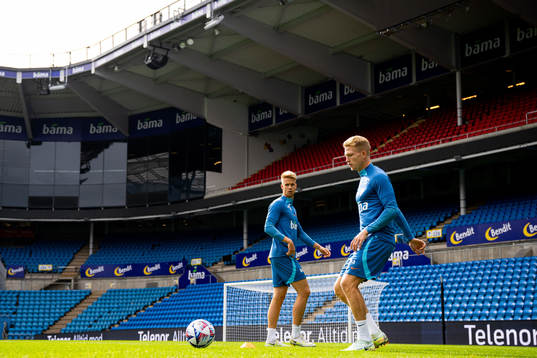 Kristoffer Ajer and Andreas Hanche-Olsen of the Norwegian