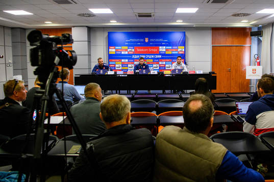 General view of a  press conference with the Serbian