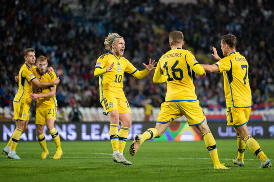Emil Forsberg and Viktor Gyökeres of Sweden celebrate the