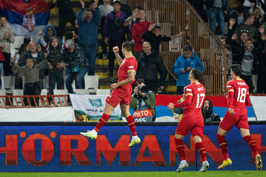 Aleksandar Mitrovic of Serbia celebrates the 1-1 goal