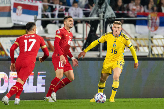 Viktor Gyökeres of Sweden against Filip Kostic and Dusan