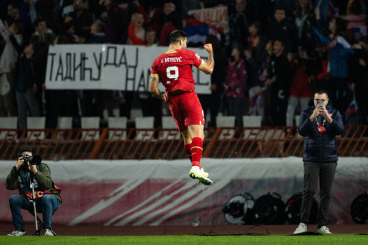 Aleksandar Mitrovic of Serbia celebrates the 2-1 goal
