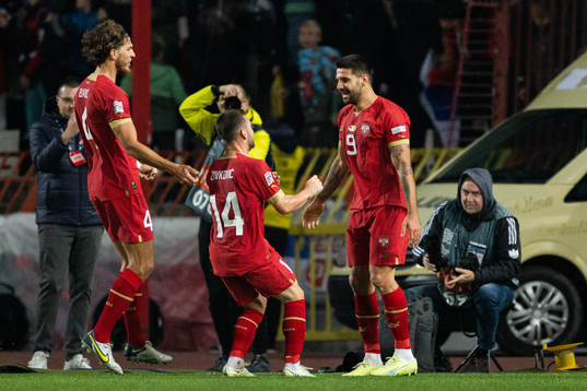 Aleksandar Mitrovic of Serbia celebrates the 2-1 goal