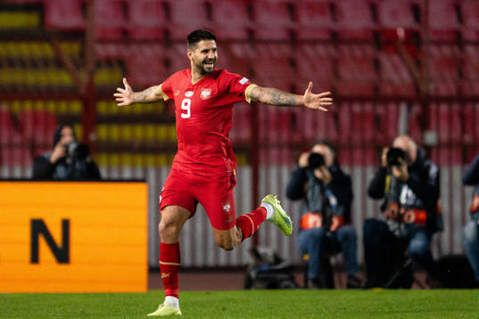 Aleksandar Mitrovic of Serbia celebrates the 3-1 goal