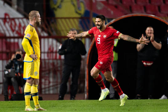 Aleksandar Mitrovic of Serbia celebrates the 3-1 goal