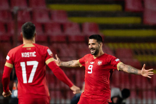 Aleksandar Mitrovic of Serbia celebrates the 3-1 goal