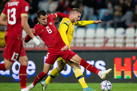 Erhan Masovic of Serbia and Viktor Gyökeres of Sweden