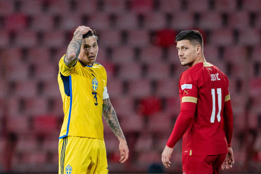 Victor Nilsson Lindelöf of Sweden and Luka Jovic of Serbia